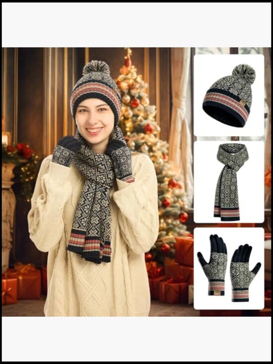 Winter Beanie Hat Long Scarf and Touchscreen Gloves 3Pieces Fleece Lined Set